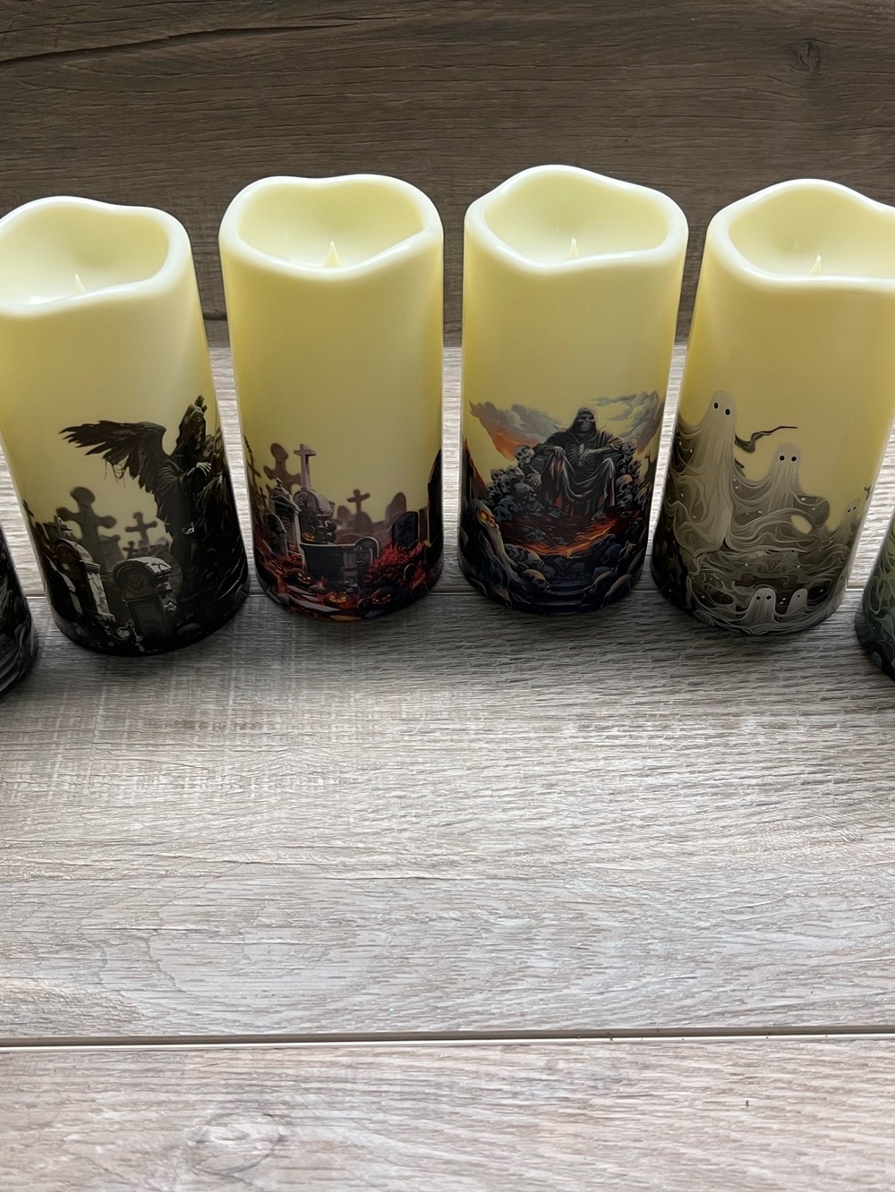 Halloween LED Pillar Candle Set in Cream with Spooky Graveyard Designs